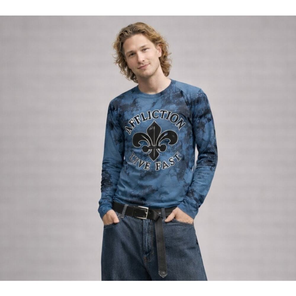 Affliction Live Fast Long Sleeve Tee Small Blue Crystal Wash Y2K Grunge